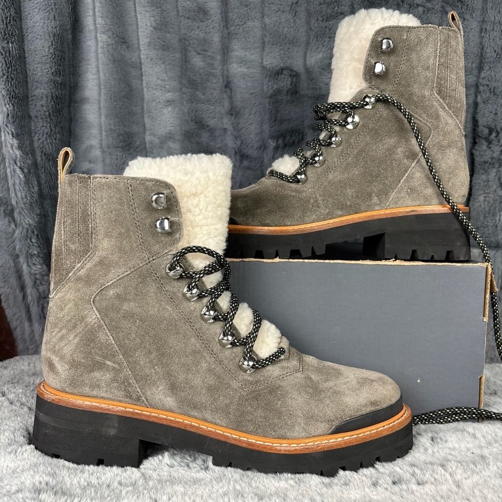 Marc Fisher LTD MLIZZIE Grey Suede Shearling Hiker Boots Womens 6M Lug Sole
